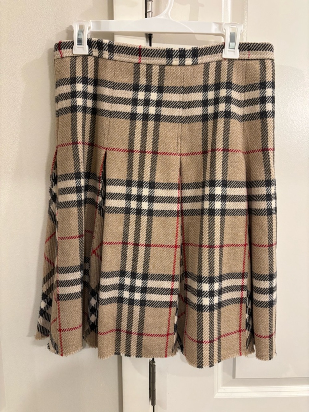 Burberry Beige Plaid A-Line Skirt with Black and Red Accents